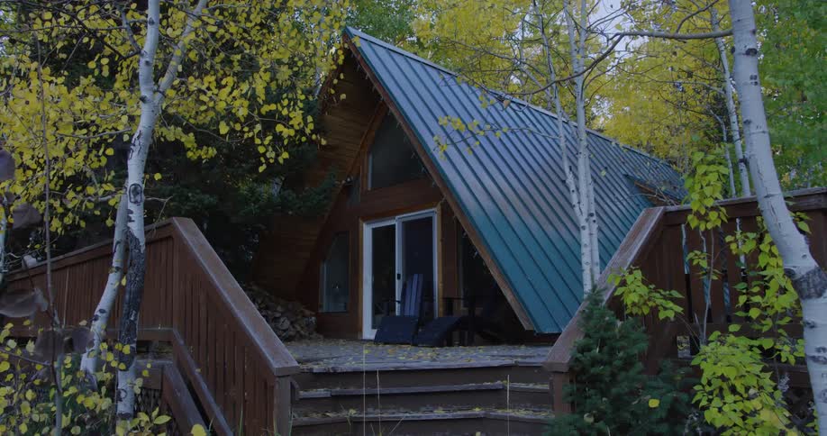A house in the woods with chairs on the porch is surrounded by birch trees with leaves in fall colors