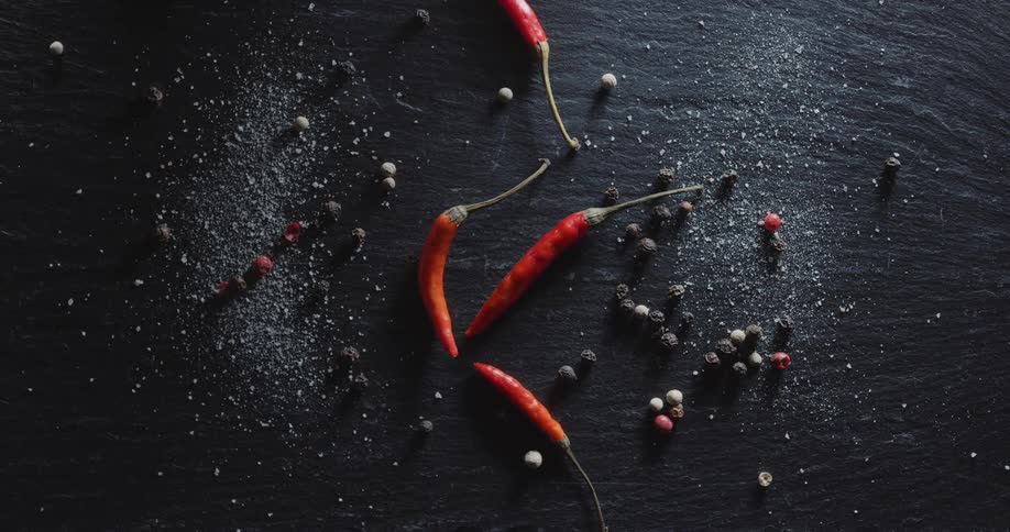 Spices and red peppers are on display