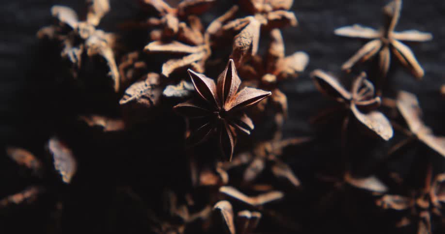 Star anise pods sit stacked in a pile