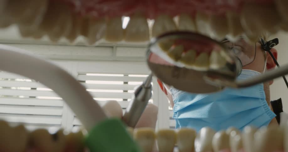 A dentist shines a flashlight in a patients mouth