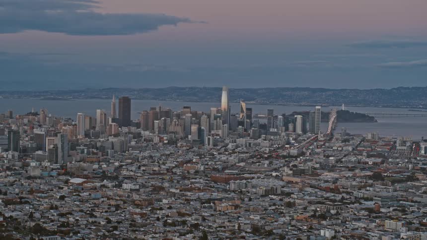 An aerial view of office buildings in a city skyline in San Francisco