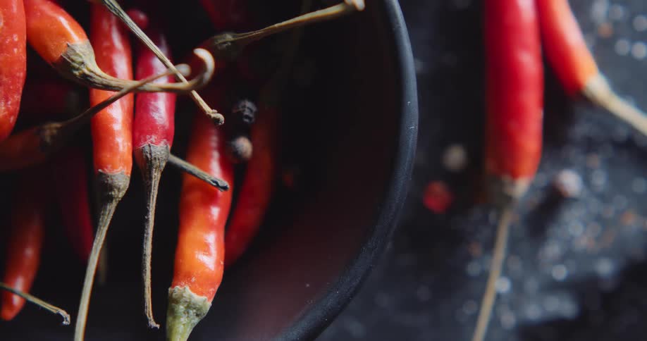 A bowl with hot chilies sits on a counter