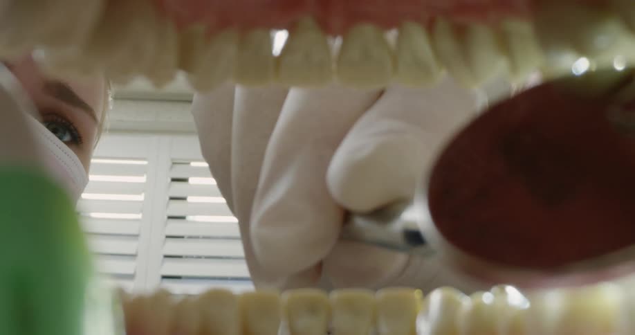 A dentist shines a light into a patients mouth during an examination
