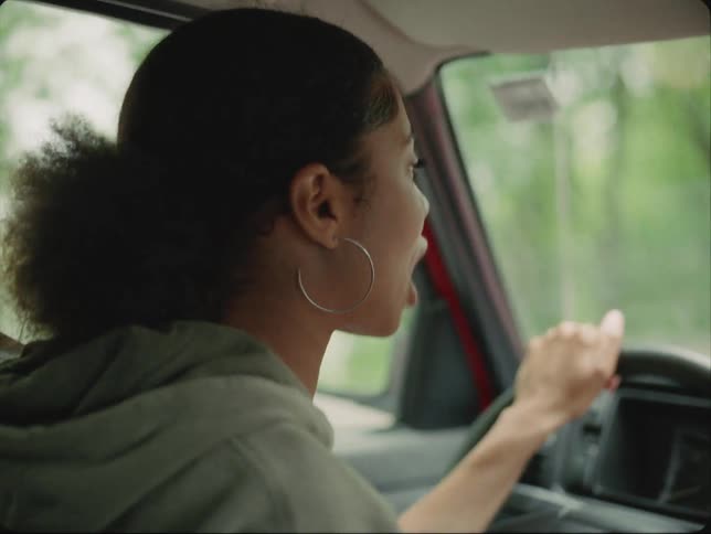 A woman is driving an automobile as she dramatically scolds the person in the seat next to her and moves her hands and arms and looks away from the road