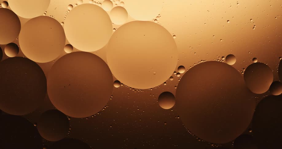 Many spheres of various sizes are floating and moving in a golden substance