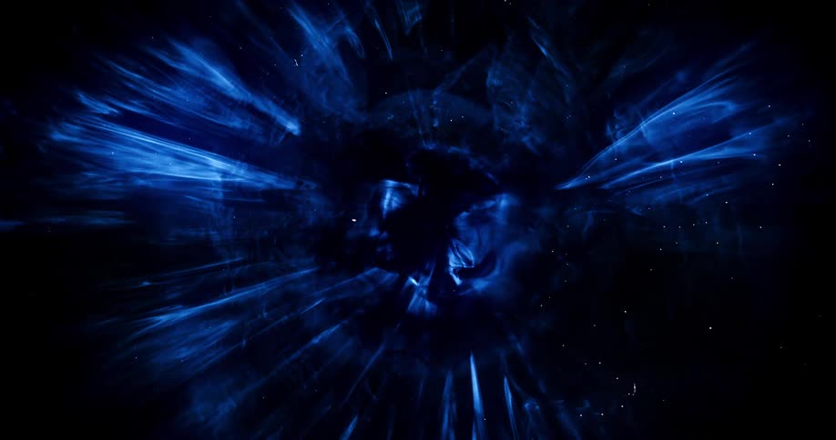 An anomalous blue light is emerging from a vortex in space as it moves by stars in the distance