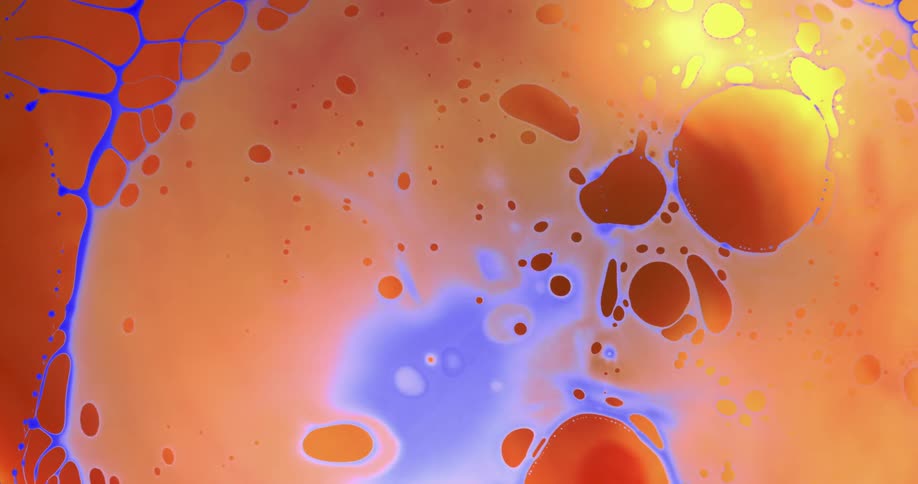 A drop of blue hits the yellow orange surface causing ripples and bubbles