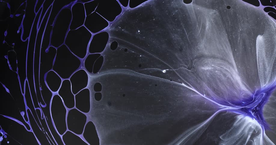 An orb grows inside a purple web as a bubble blends white with the web in the darkness