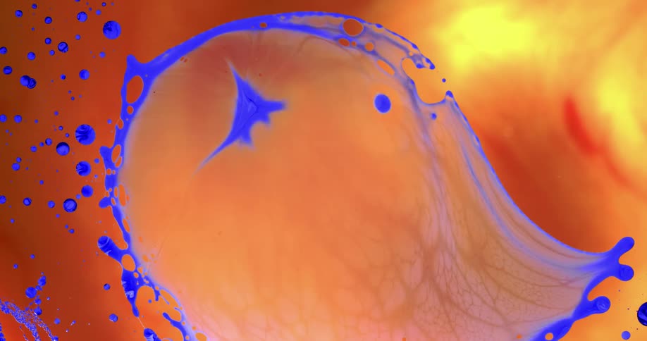 Blue spots emerge in an orange substance and are filled with orange and yellow as they grow and then shrink