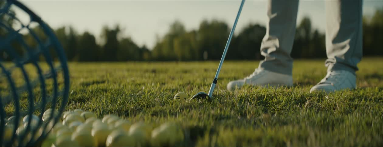 A person from the knees down view hitting a golf ball outdoors