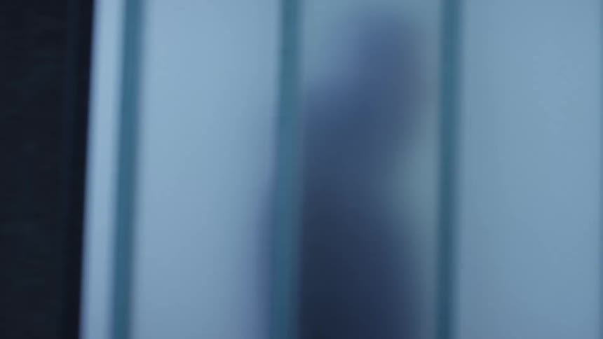 Persons silhouette shows through translucent blue panel