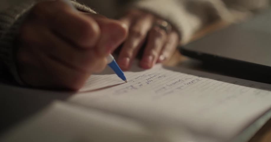 Woman jotting down notes in a notebook next to a laptop