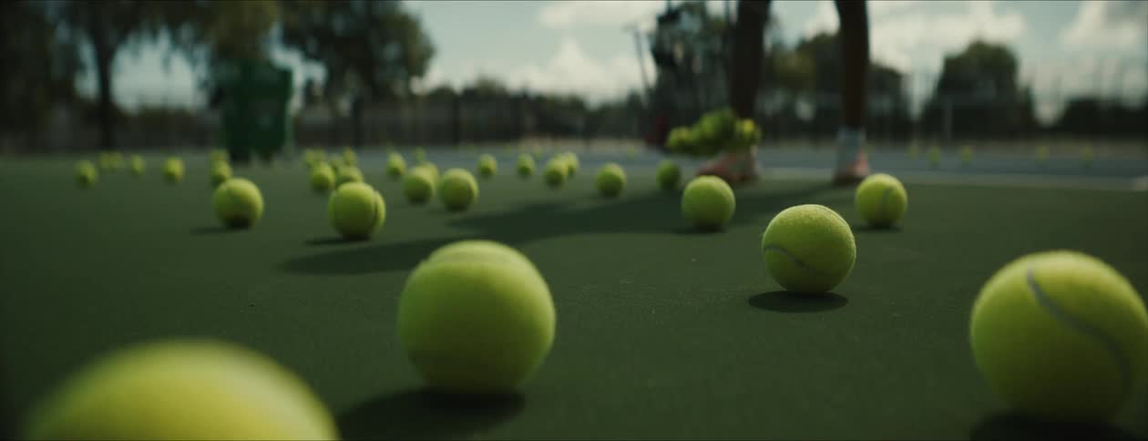 A person is collecting tennis balls on the court