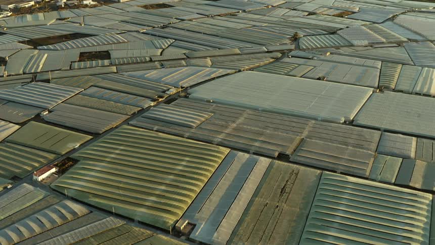 An aerial view of grey plastic greenhouse roofs in Southern Spain