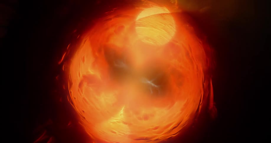 Bright yellow lights and flames flicker and ignite on the interior of a cylinder