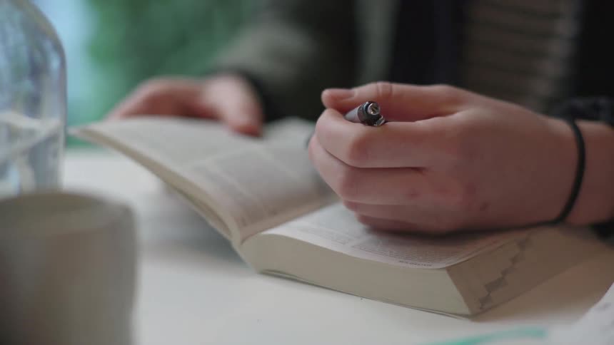 A person holding a pen looks through a book