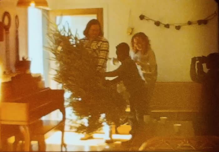 Younger sibling films as father brings in christmas tree