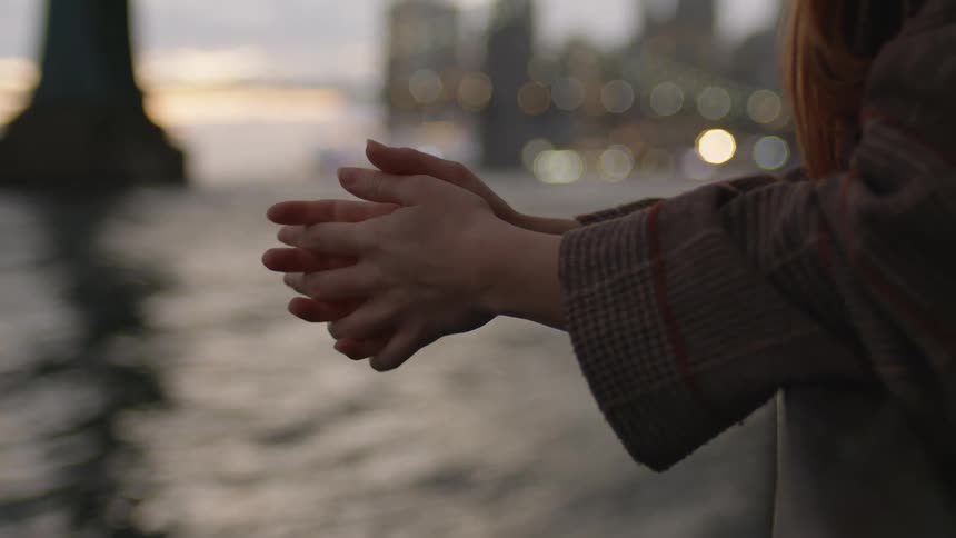 A woman stands by the water near the bridge