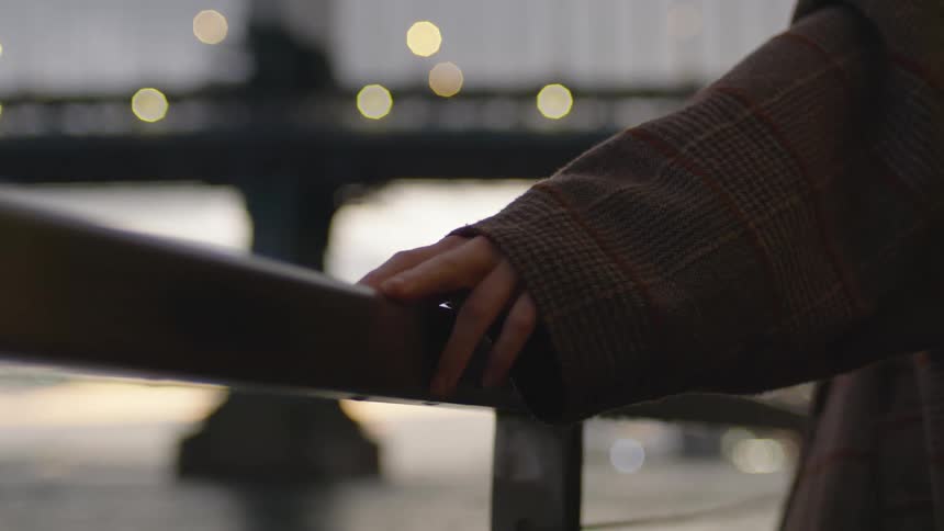 A person holds the railing by the water as they walk