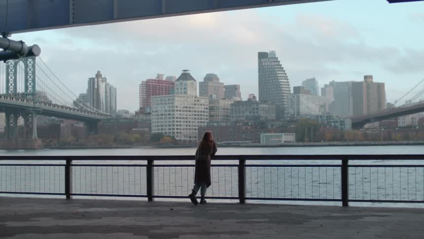 A woman leans on a railing and looks out at the water and a city skyline