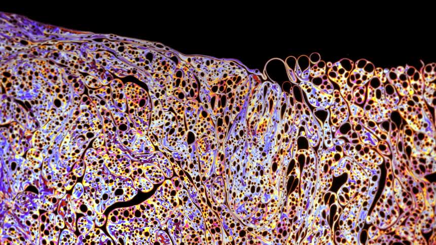 Vivid multi hued mixture flows as small bubbles and breaks in mass allow black background to show through