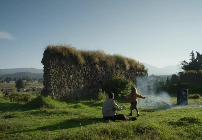 A man lights and throws a firework in a grassy area and his daughter chases the smoke