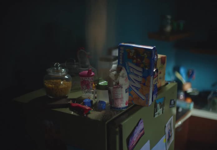 Objects on top of a refrigerator shake and fall off during an earthquake