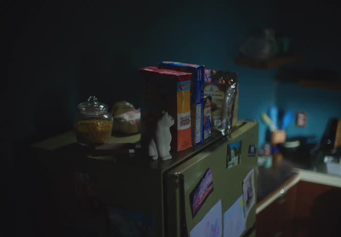 Boxes and jars atop a refrigerator in a dimly lit home kitchen during the day