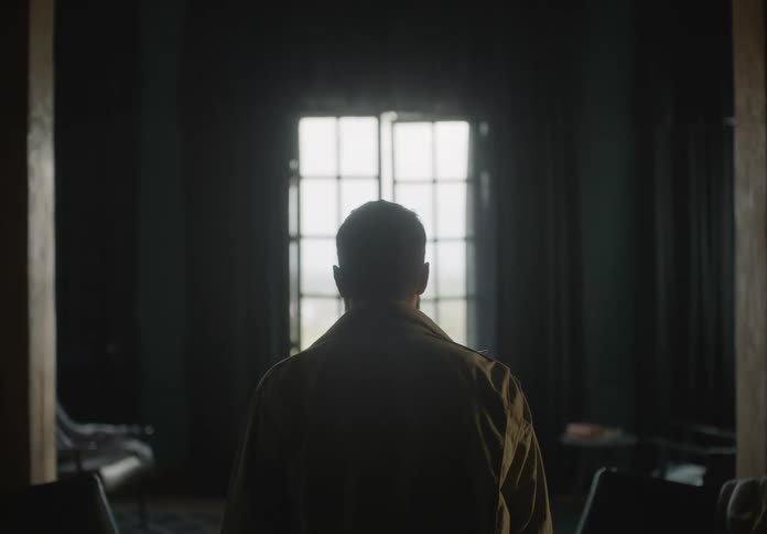 A man is shown from the back in a dark room walking very slowly and hesitantly towards a partially opened window