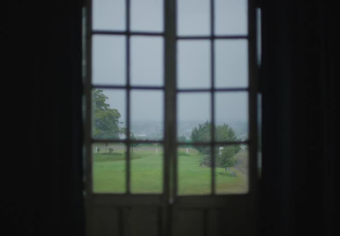 Door windows show lawn and ocean bordering as small strip of beach