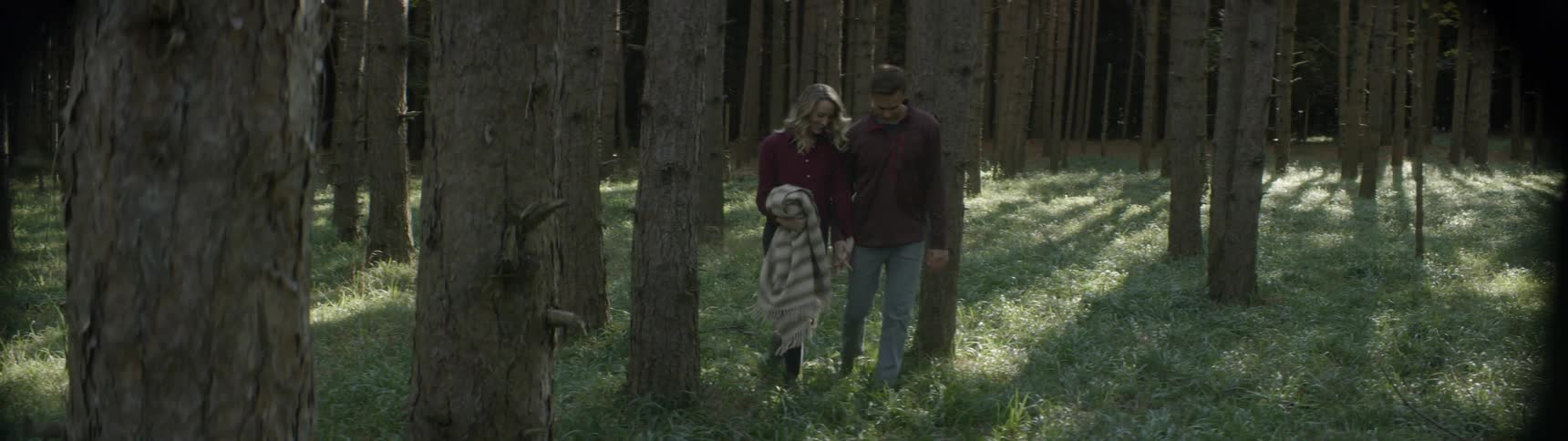 Couple walking through a wooded area holding hands