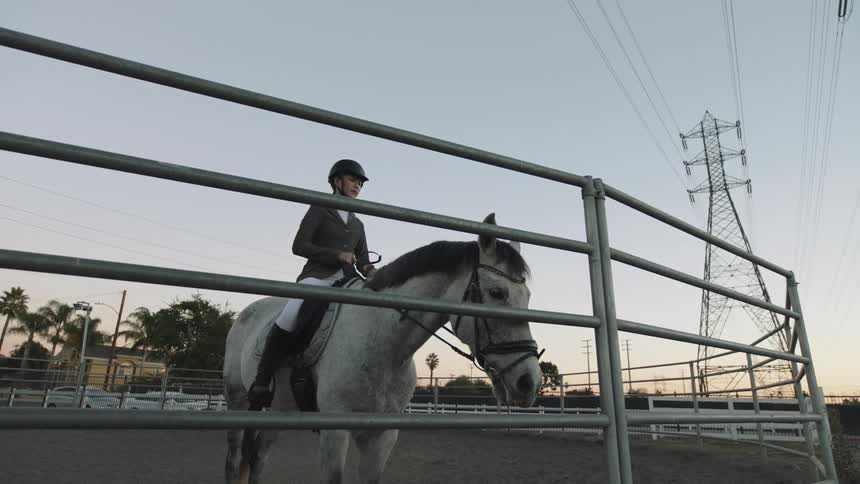 Female jockey riding a horse standing in front of a metallic fence at evening