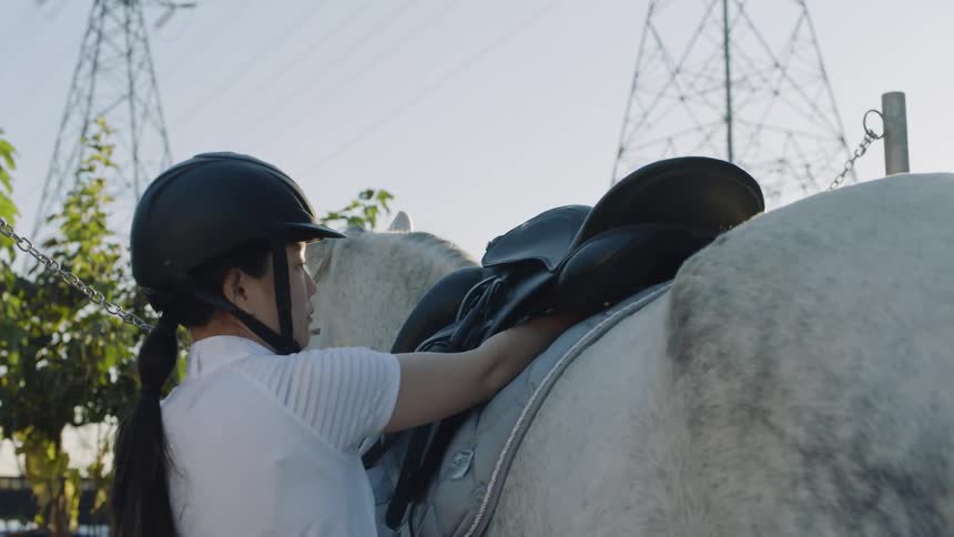 A woman saddles a horses outdoors during the day