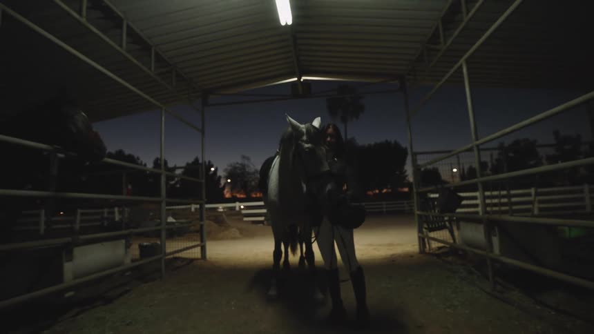 Female equestrian poses standing next to horse in open air barn at night