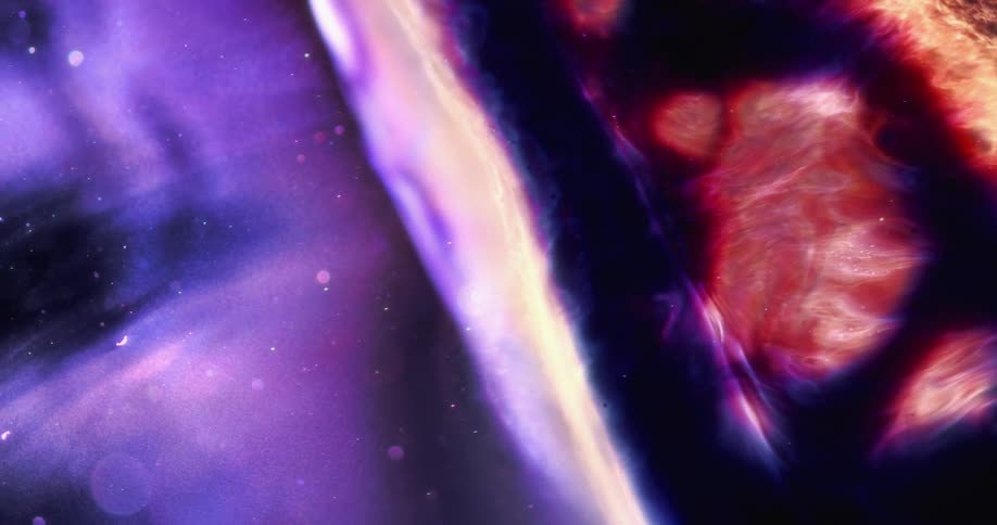 Areas of color emerge in the darkness as lavender and pink substances move over as a sunlike object is pushed aside