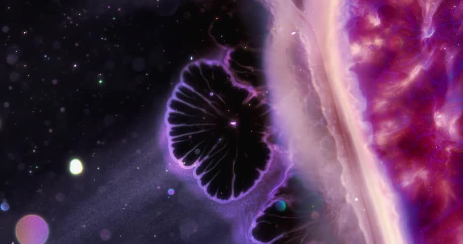 Black petaled shapes branch out on edge of solar like mass against a background of cosmic dust