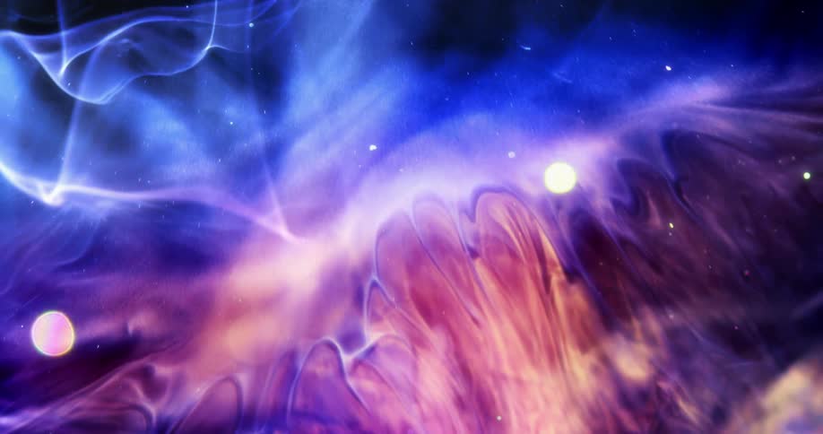 An organic purple and pink smoke like substance of a nebula pushes away the blue in the darkness