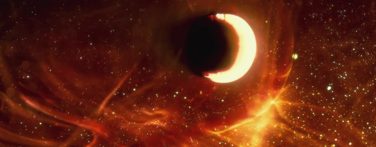Particles move among a crescent sun floating across a burning atmosphere