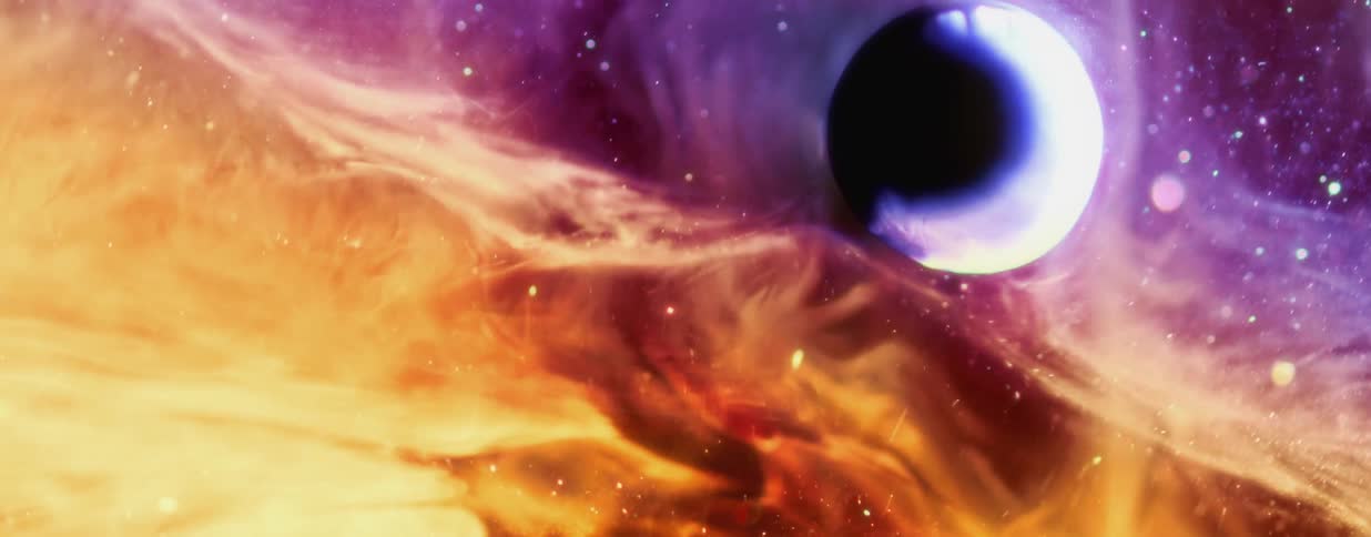 Particles move among a crescent sun floating across an orange and yellow burning atmosphere as lavender wisps bring light