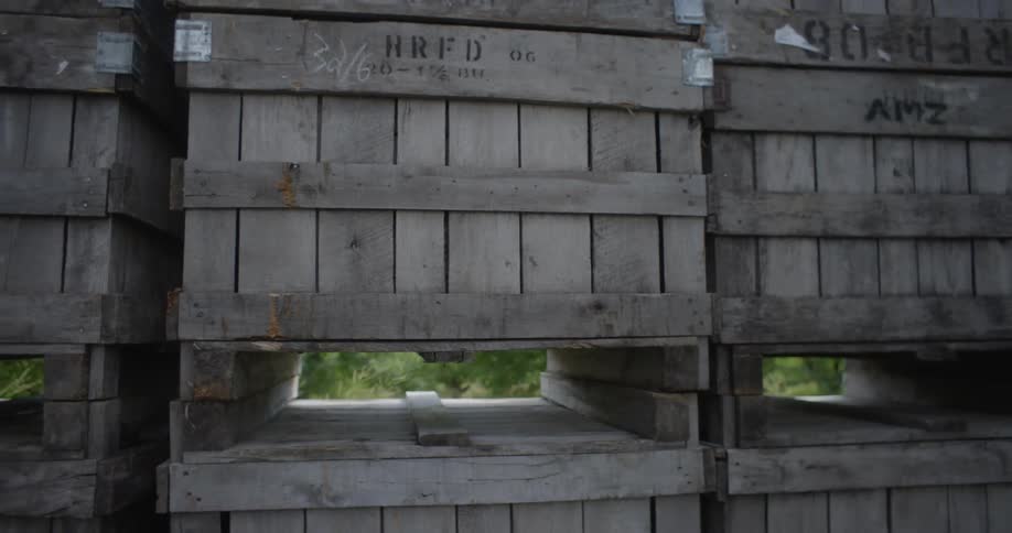 Numerous wooden crates are stacked on top of each other outdoors