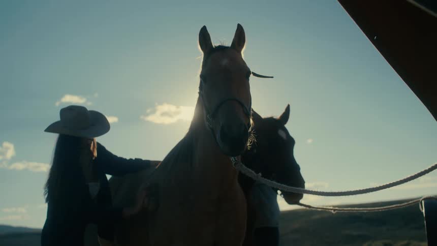 There is a young woman that is taking care of a horse