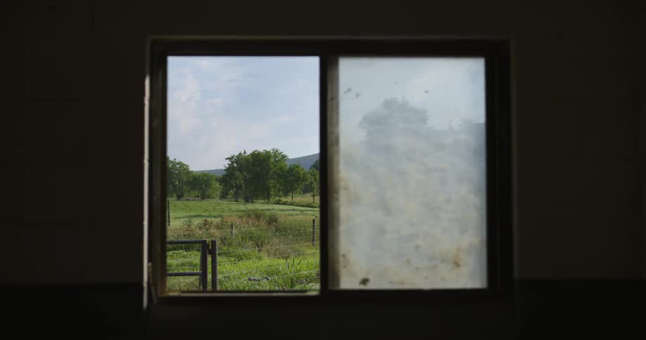 Open dirty window shows view of road and fenced yard in countryside with mountain in the background