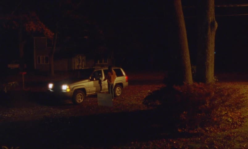 A person walks to a car parked in the driveway and enters through the drivers door at night