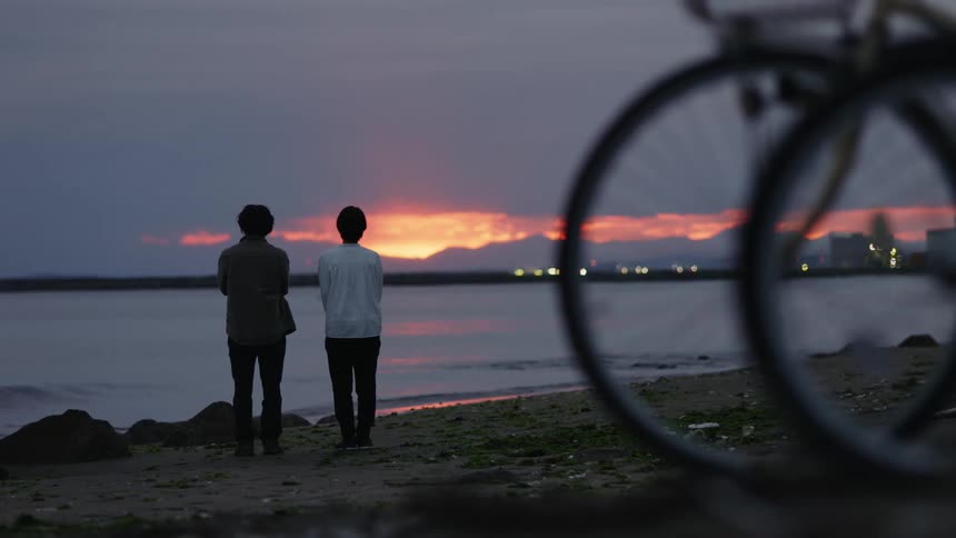 Two males are standing by the ocean coast at dusk