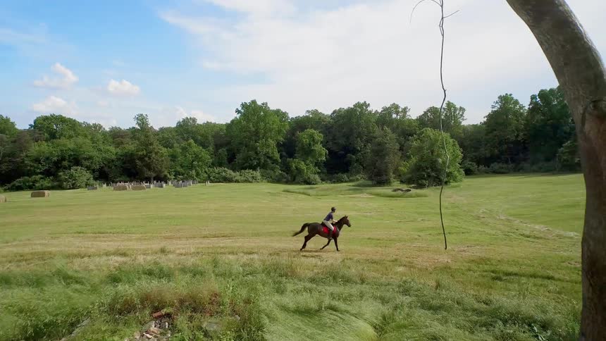 A horse rider races across a field