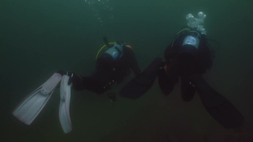 Two people are scuba diving in the ocean water together