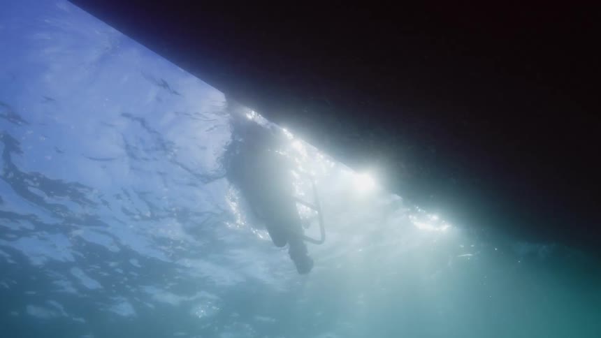 A person is scuba diving in the ocean water