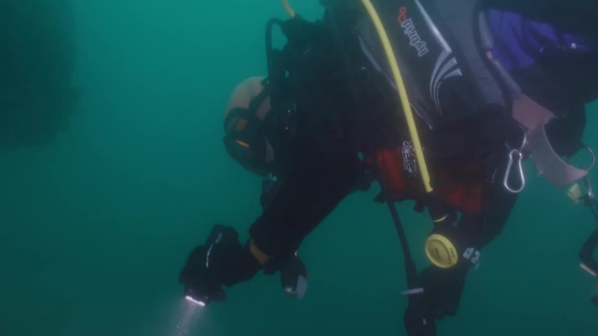 Scuba diver shines a light over the corroded remains of a shipwreck
