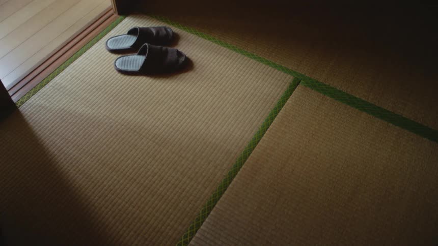 A couple of sandals over bamboo mats in the floor of a japanese house