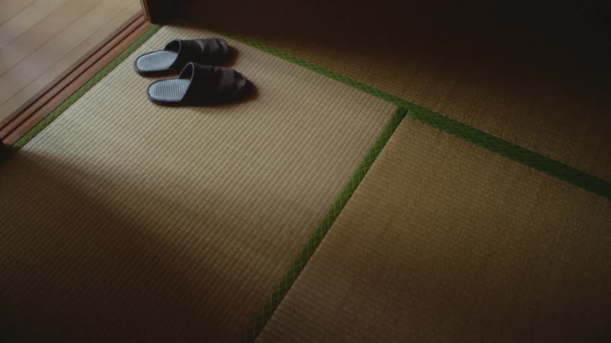 Shadow of person moves over shoes on tatami mat inside a door as person passes by